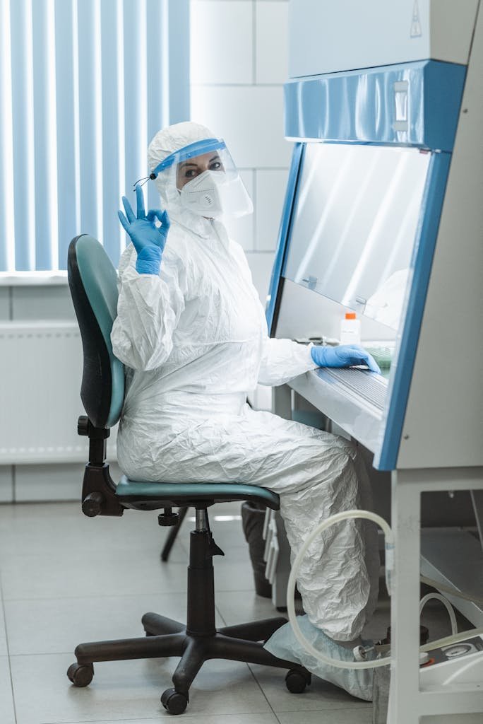Scientist in protective gear giving a hand gesture while working in a laboratory.
